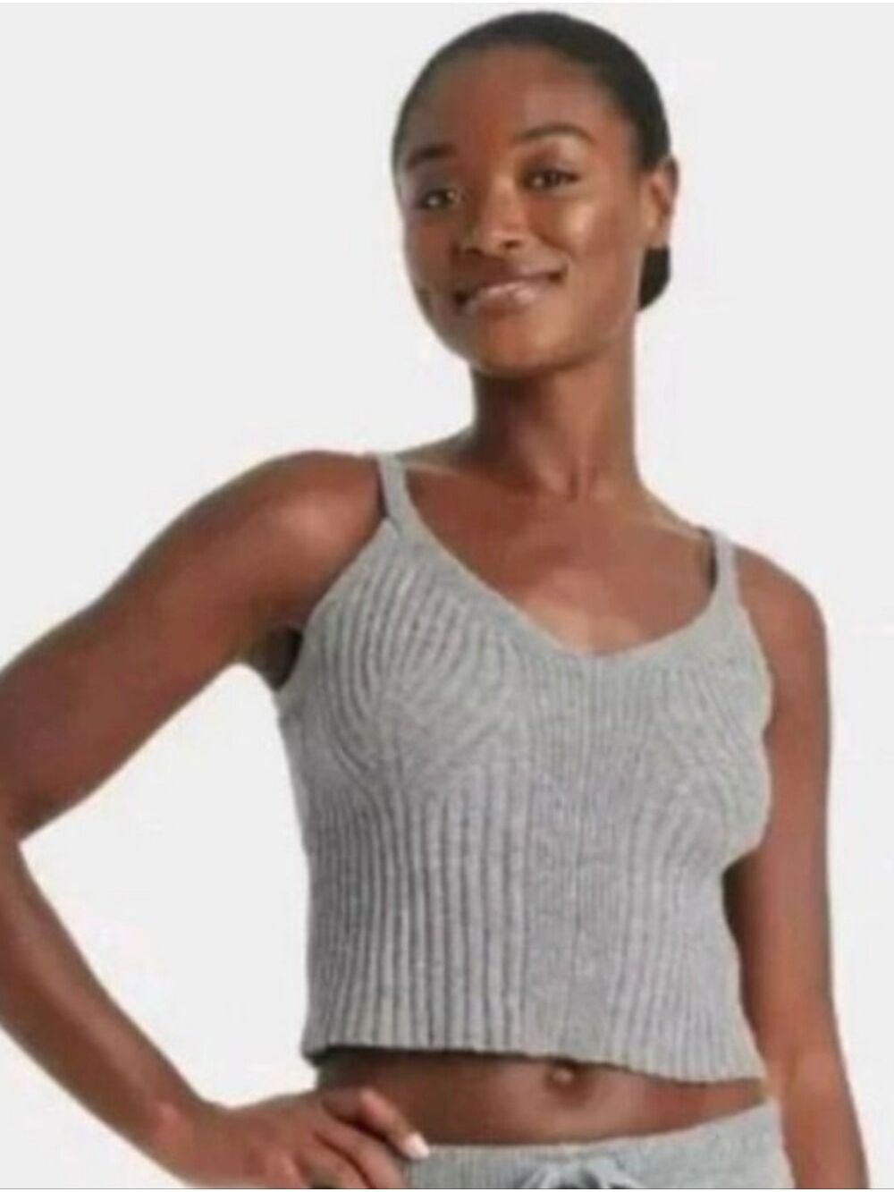 Sweetheart Ribbed Knit Grey Cami Tank Top Large